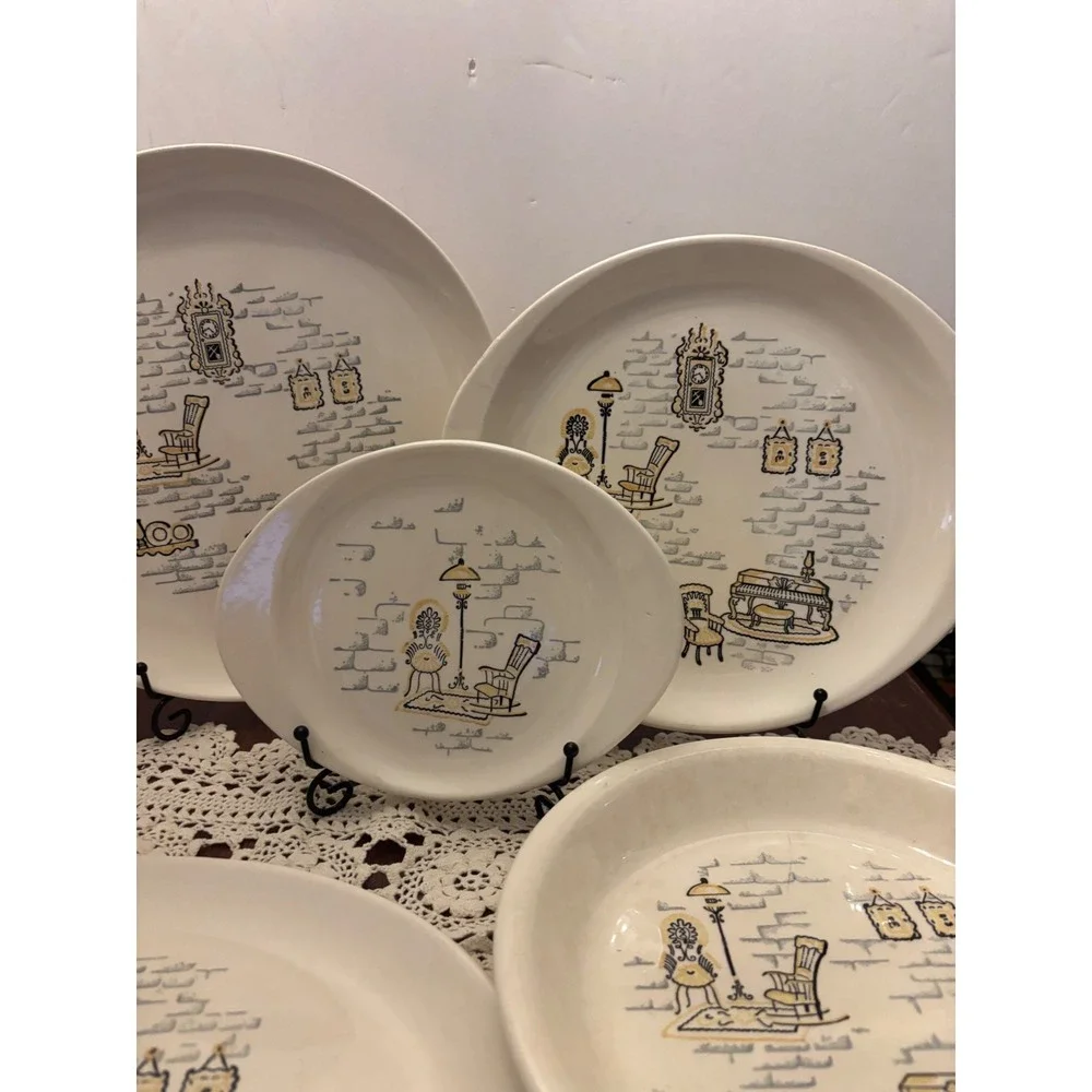 Vintage MCM Hand Decorated‎ Made in America Serving Set 5pc Platters Pie Dish